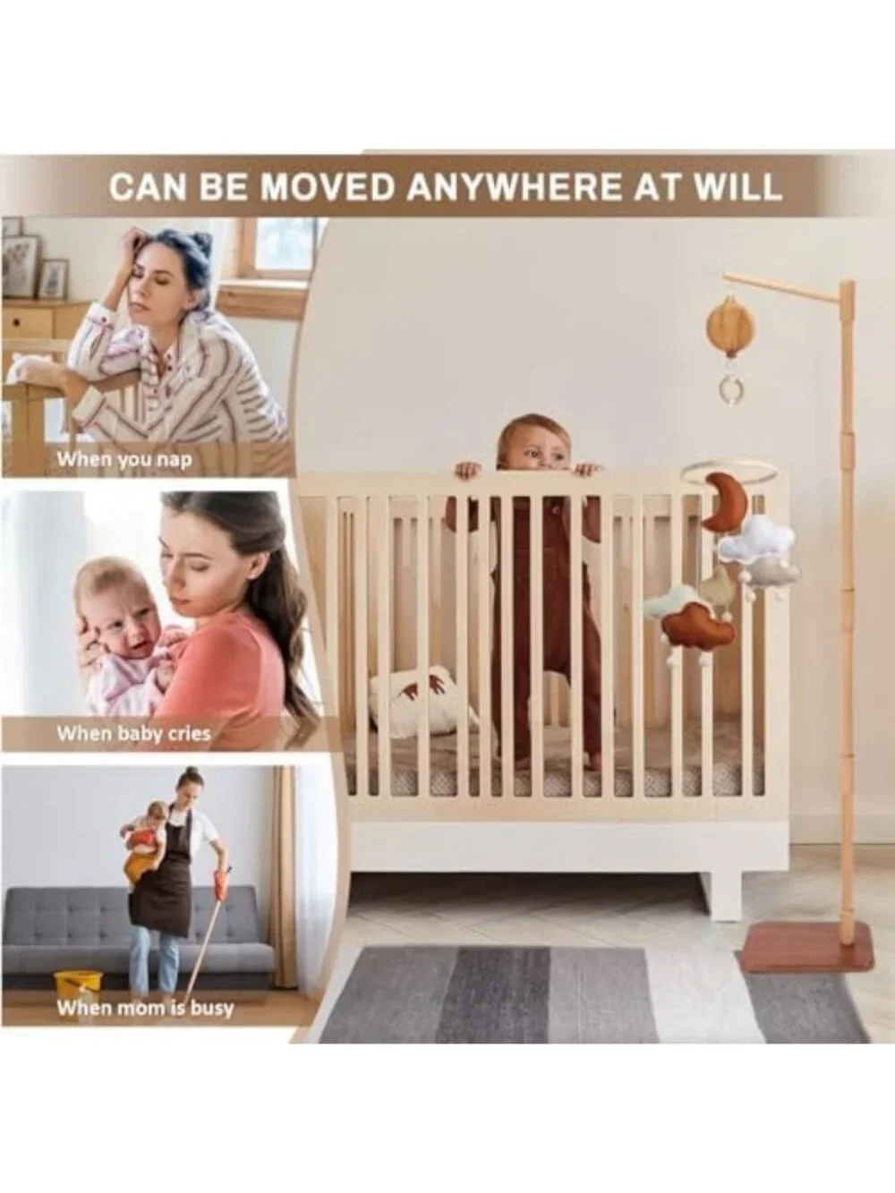 Wooden Crib Mobile Arm with Music Box - 65 Inch, 35 Lullabies, Volume Control